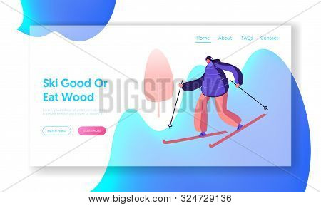 Girl Riding Downhills By Skis Website Landing Page. Winter Sports Activity And Sparetime. Young Woma