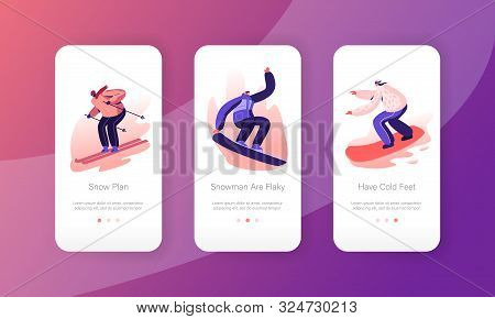Extreme Snowboard And Skis Riding And Stunts Mobile App Page Onboard Screen Set. Young Sportsmen Sno