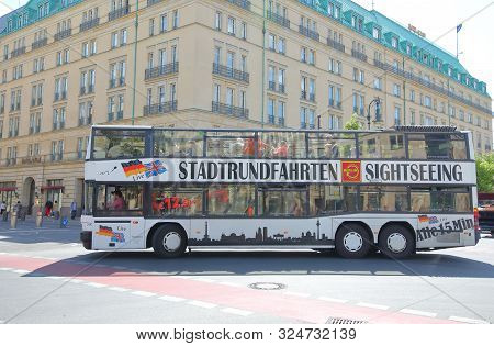 Berlin Germany - June 8, 2019: Unidentified People Travel By Tourist Bus Berlin Germany