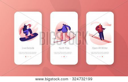 Wintertime Activity And Extreme Outdoors Snowboarding And Skiing Sport Mobile App Page Onboard Scree