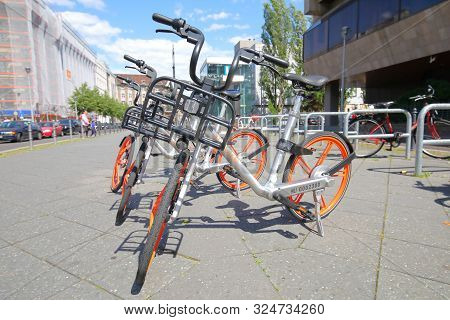 Berlin Germany - June 8, 2019: Mobike Rental Share Bicycle Parked In Berlin Germany