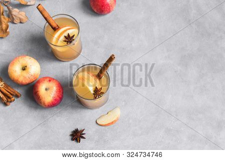 Spicy Apple Cider Drink. Seasonal Autumnal Homemade Apple Cider, Top View, Copy Space.
