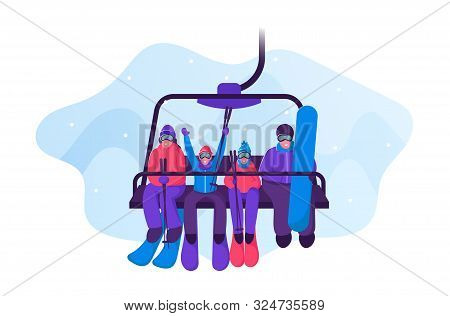 Happy Family With Skiing And Skateboarding Equipment Rise To Ski Lift Elevator. Parents And Kids Go 