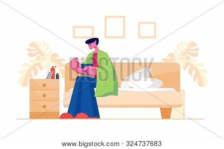 Unhappy Sick Man Sitting On Sofa Wrapped To Plaid Having Fever Measuring Temperature With Thermomete