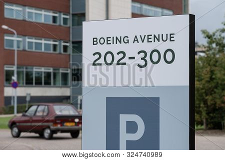 Schiphol-rijk, The Netherlands, 09/27/2019, Street Sign Boeing Avenue 202-300, Schiphol-rijk, Vintag