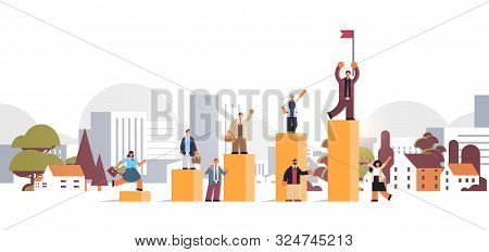 Businesspeople Climbing Financial Bar Graph Businessman With Flag On Top Of Career Ladder Win Succes