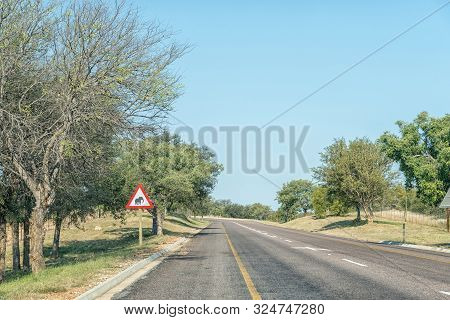 A Road Landscape On Road R40 Near Phalaborwa. An Elephant Warning Sign Is Visible