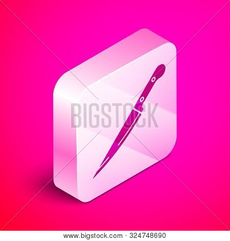 Isometric Knife Icon Isolated On Pink Background. Cutlery Symbol. Silver Square Button. Vector Illus