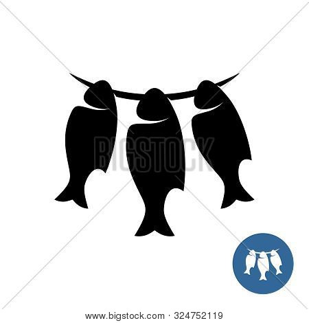 Dried Fishes On A Rope Elegant Style Logo. Symbol Of Three Hanged Fishes For Smoking Or Jerky. Sun D