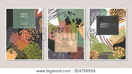 Vector Collection Of Trendy Creative Collage Cards With Cut Paper, Animal Skin And Different Texture