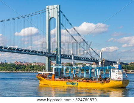 New York, New York - July 7, 2017: The Verrazzano Bridge Is A Suspension Bridge That Connects Staten