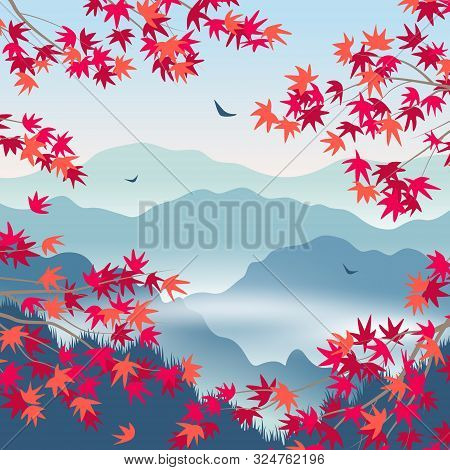 Simple Autumn Landscape With Blue Foggy Mountains, Japanese Maple Red Leaves And  Branches. Nature B