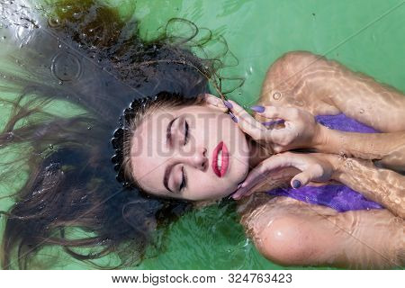 Wet Model Takes A Shower And Swims In Clothes, Wet Clothing, Wet Look Women's, Sauna And Swimming Po