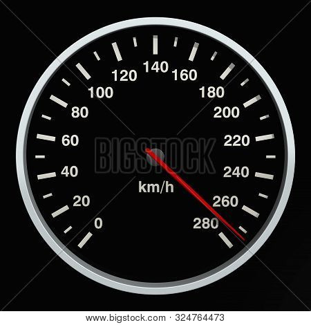 Speed Meter. Speedometer With A Red Arrow Indicating Speed. 3d Illustration