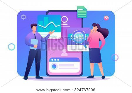 Young People Stand Near The Mobile Phone Screen, Testing The Program And Mobile Application. Flat 2d