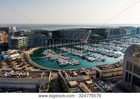 Abu Dhabi, United Arab Emirates - September 29, 2019: Al Marasy Marina View With Luxury Yachts In Ab