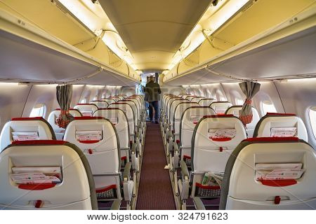 VENICE, ITALY - CIRCA MAY, 2019: interior shot of Austrian Airlines Embraer ERJ-195LR