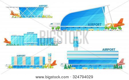 Airport Building And Airplane On Runway, Passenger Terminal Infrastructure Icons. Vector Isolated Ic