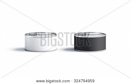 Blank Black And White Conserve Can With Lid Mock Up Set, 3d Rendering. Empty Sprats Or Stew Pac Mock