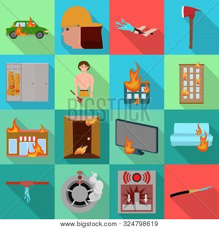 Vector Illustration Of Firefighters And Fire Icon. Set Of Firefighters And Rescue Vector Icon For St