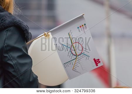 Copenhagen, Zealand Denmark - 29 9 2019: Woman Holding A Flag With Map Of New M3, M4 Cityringen Metr