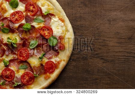 Pizza With Meat And Bazil Sprout. Italian Food