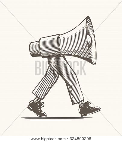Vintage Loudspeaker On Feets. Funny Old Engraved Style Illustration With Megaphone On Human Legs For