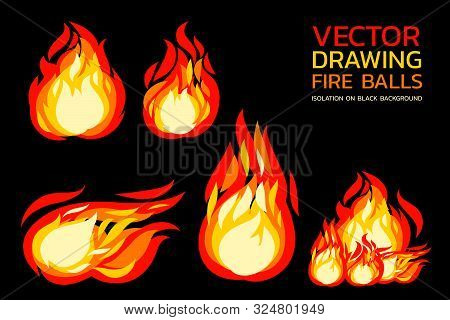 Vector Drawing Fire Balls Isolation On Black Background. Brush Style Graphic, Element For Hot Design