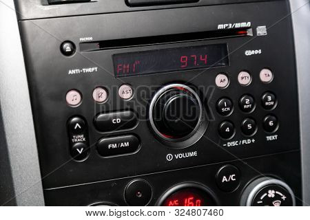 Novosibirsk, Russia - September 07, 2019:  Suzuki Grand Vitara,modern Black Car Interior: Radio, Aud
