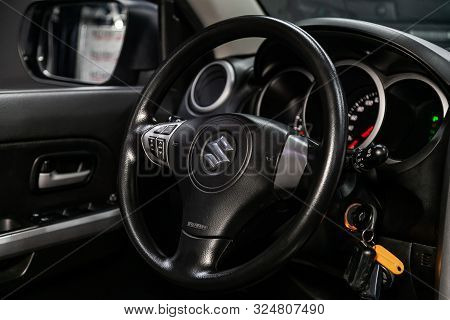 Novosibirsk, Russia - September 07, 2019:  Suzuki Grand Vitara,black Luxury Car Interior - Dashboard
