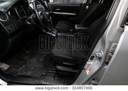 Novosibirsk, Russia - September 07, 2019:  Suzuki Grand Vitara, Black Luxury Car Interior - Steering