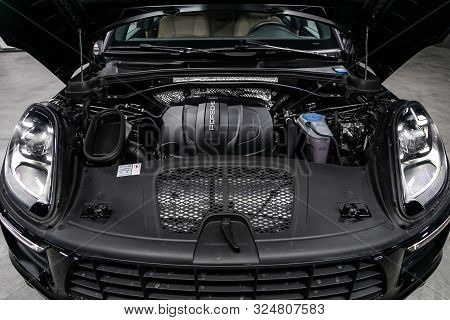 Novosibirsk, Russia - September 07, 2019:  Porsche Macan, Close Up Detail Of  Car Engine, Front View