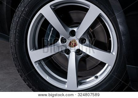 Novosibirsk, Russia - September 07, 2019:  Porsche Macan,   Close-up Of The Bumper, Alloy Wheel, Car