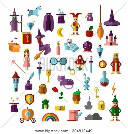 Flat Vector Set Of Fabulous Magical Halloween Items. Book, Magic Ball, Wizard Hat, Bottles With Elix