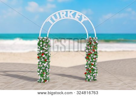 Welcome To Turkey Concept. Beautiful Decor Arc, Gate Or Portal With Flowers And Turkey Sign On An Oc