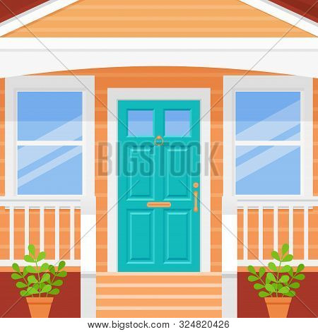Front Door House. Porch With Turquoise Door And Windows. Vector. Home Facade Exterior. Building Entr