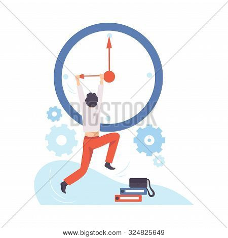 Man Hangs On The Arrow Of A Huge Clock. Vector Illustration.
