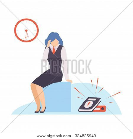 Woman In A Suit Sits On A Blue Cube And Looks At A Diary. Vector Illustration.