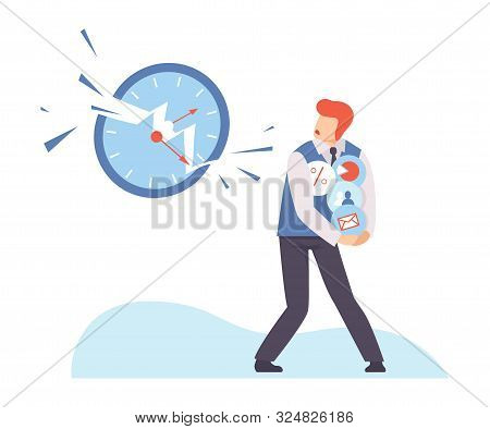 Man Hides Different Icons From A Huge Clock. Vector Illustration.