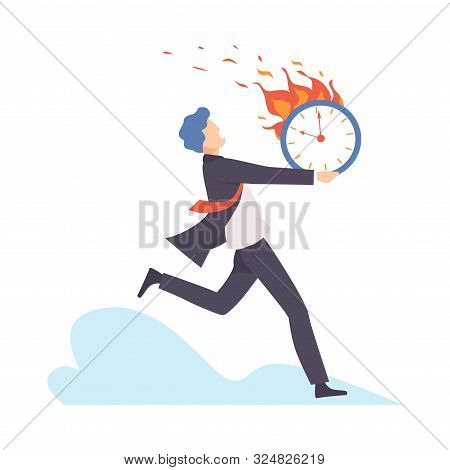 Man Runs With A Burning Clock. Vector Illustration.