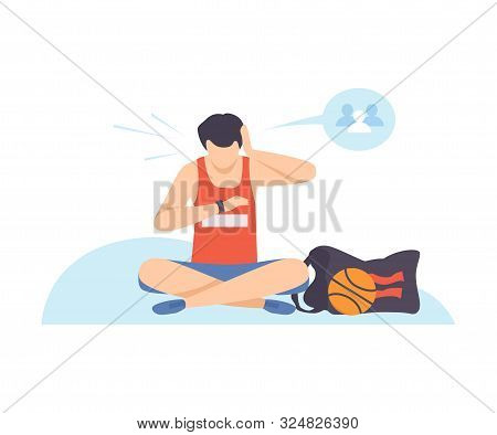 Man In Sports Shorts Is Sitting And Looking At His Watch. Vector Illustration.