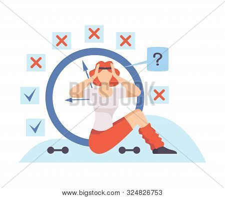 Woman In Sportswear Is Sitting And Holding On To Her Head. Vector Illustration.