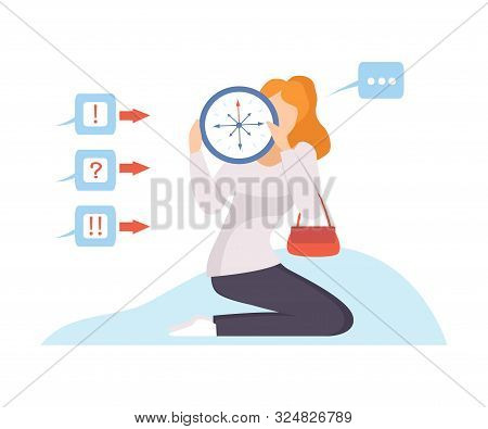 Woman Holds A Clock With 8 Hands In Front Of Her. Vector Illustration.