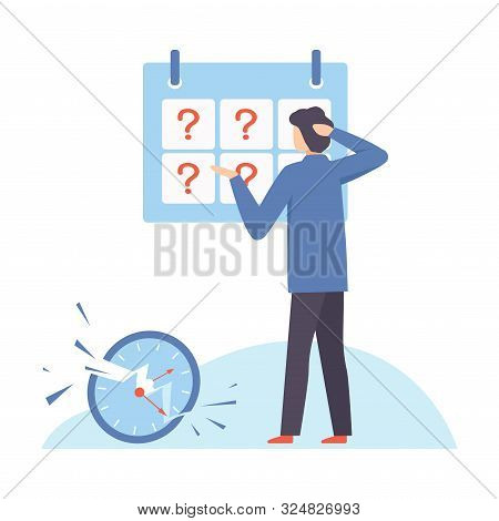 Man Stands Near A Blackboard With Question Marks. Vector Illustration.