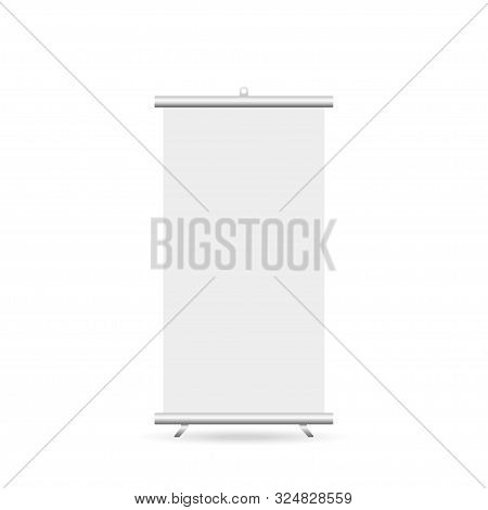 Roll Up 3d Ad Banner On White Background. Blank Roll Up Banner Stand. Mock Up, Template. Empty Adver
