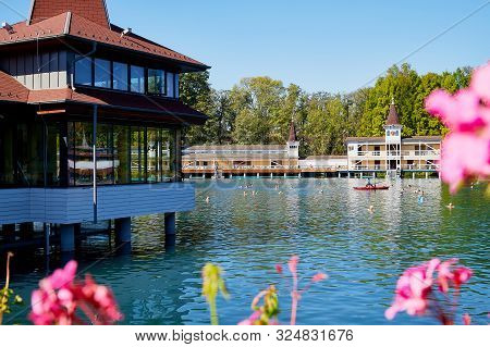 Heviz, Hungary - September 27, 2018: Balneological Therapeutic Lake Heviz In Hungary With Warm Water