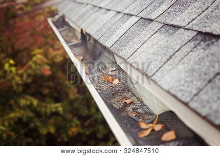 Plastic guard over gutter failure on a roof with leaves stuck in the mesh