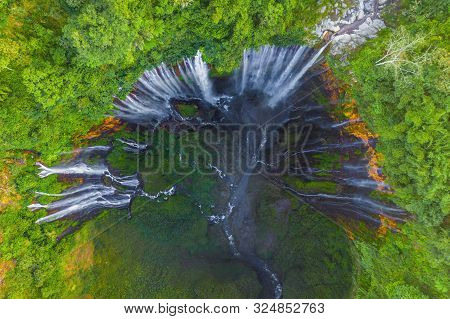 Aerial Top View Of Sewu Waterfall. Nature Landscape Of Jinguashi In Natural Area. It Is Located In I