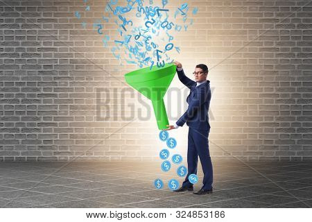 Data monetization concept with funnel and businessman