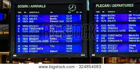 Arrivals And Departures Board On The Main Railway Station In Bucharest North (gara De Nord), Buchare